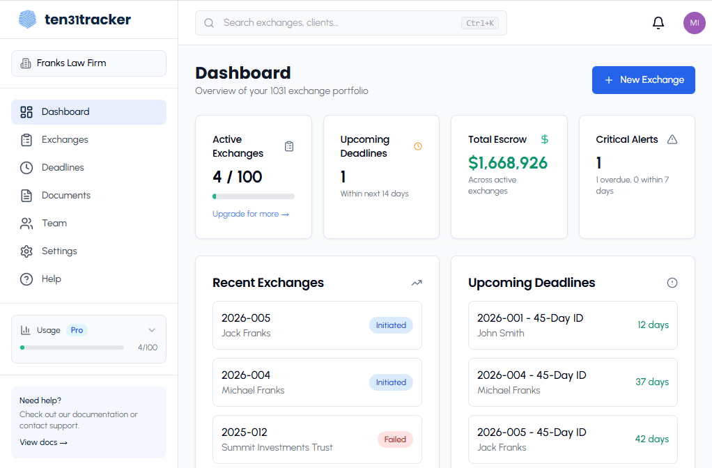 ten31tracker dashboard showing active exchanges, deadlines, and escrow tracking